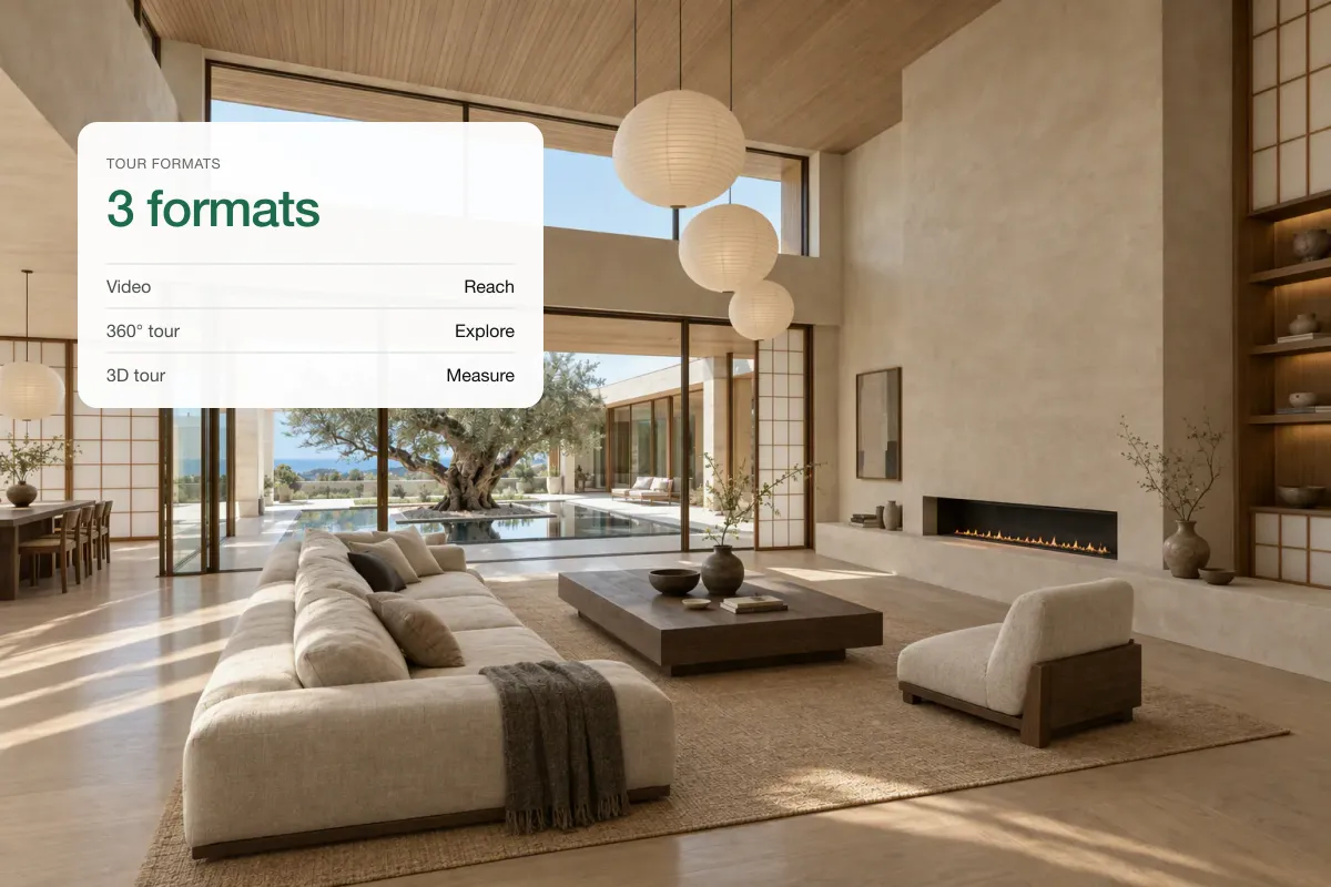 A living room with a card comparing 360° tours, 3D tours and video tours