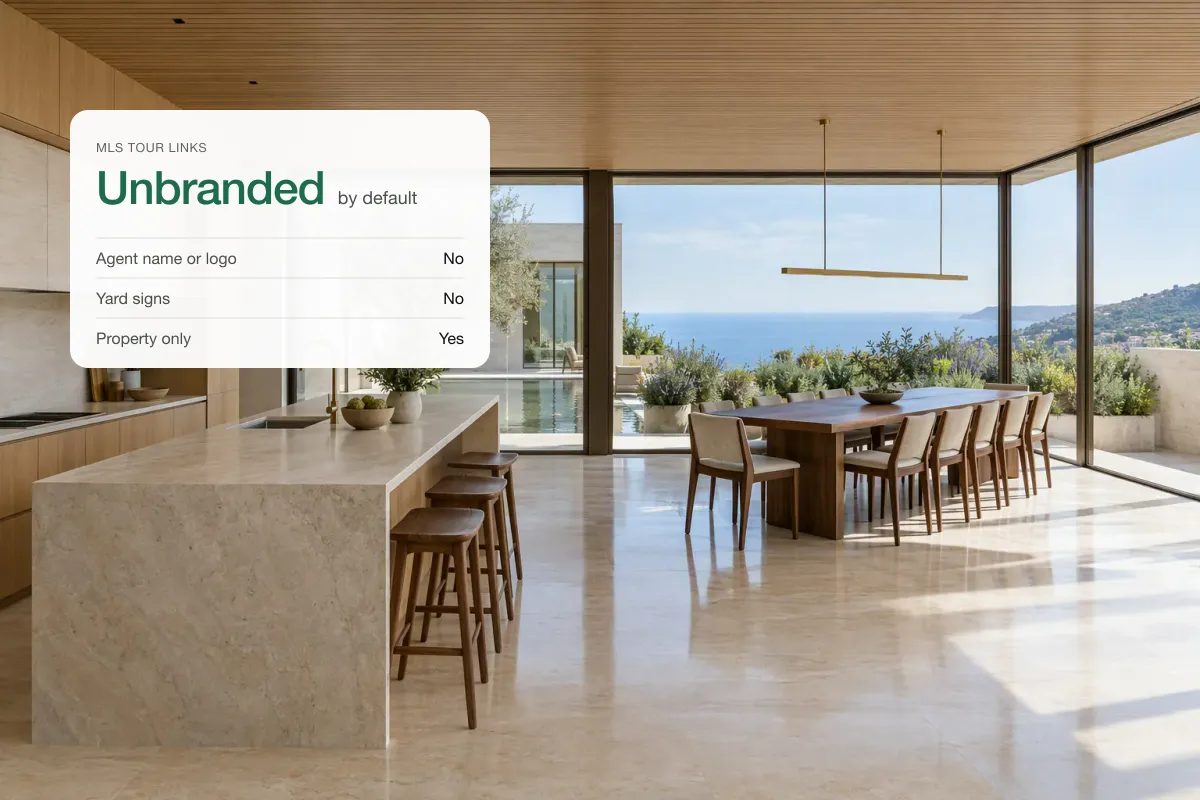 A kitchen opening onto a courtyard with a card explaining branded and unbranded virtual tour links