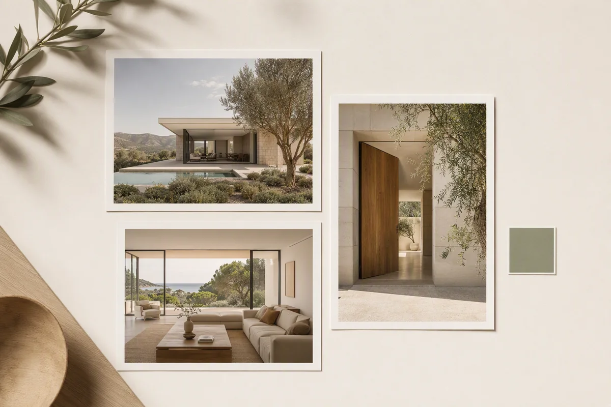 Coordinated architectural photographs with a muted green colour reference — editorial illustration