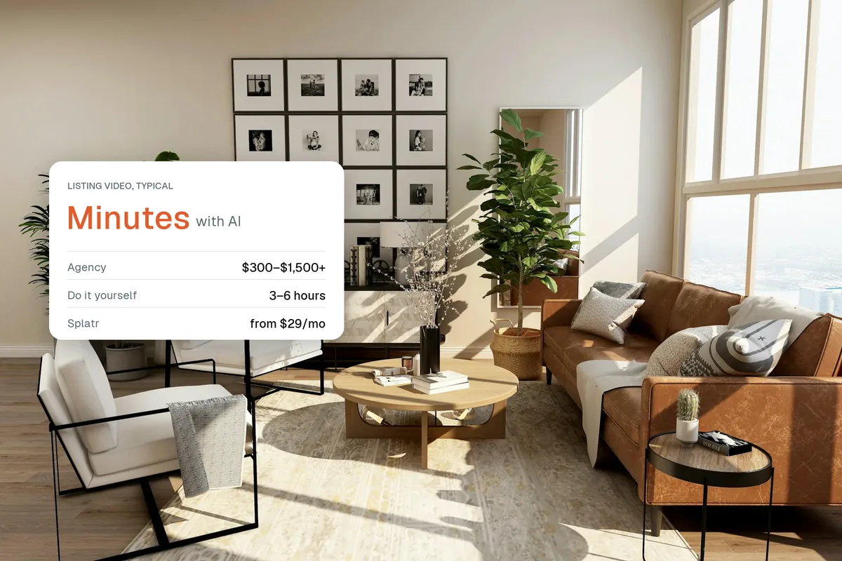 A bright living room with a card comparing agency, do-it-yourself and AI video costs