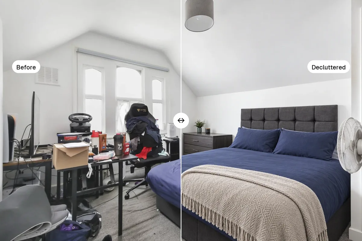 A cluttered bedroom on the left and the same room decluttered by AI on the right