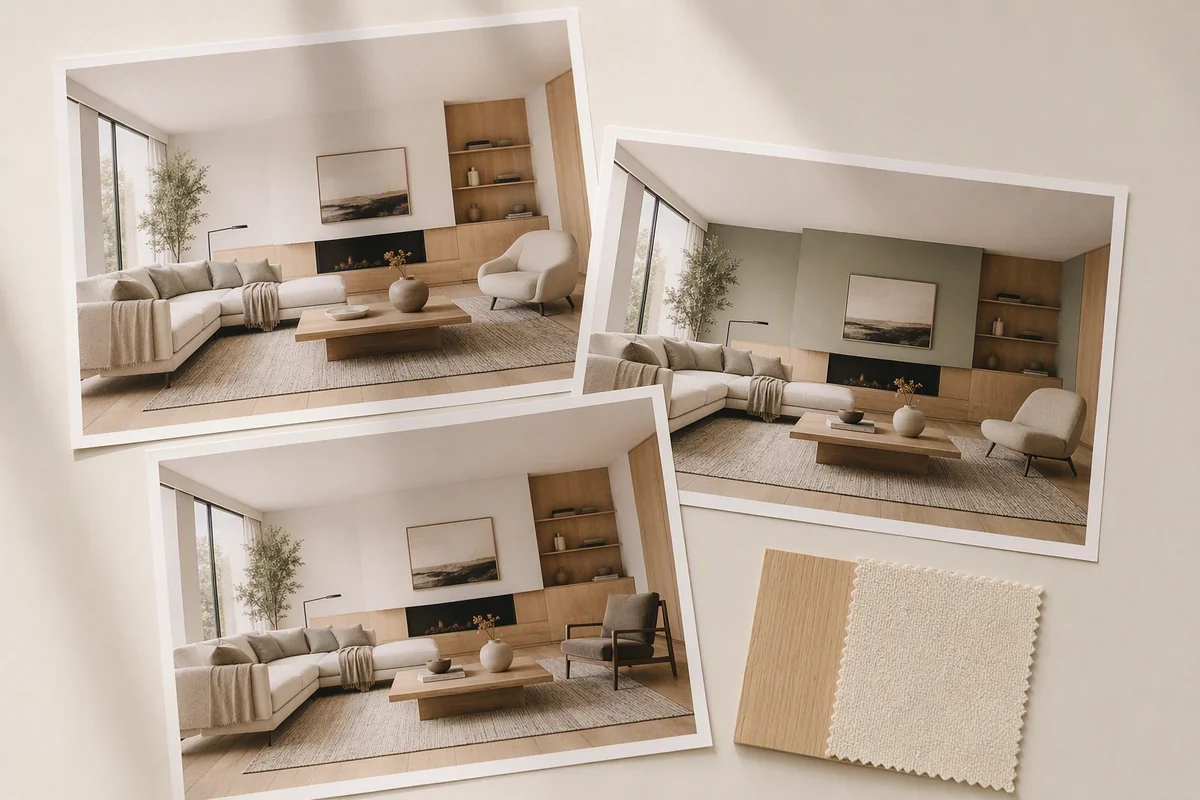 Editorial interior illustration for AI property visualisation in London: staging with architectural detail