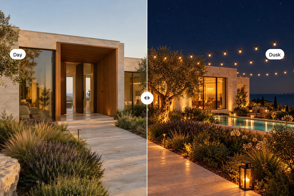 A courtyard house split down the middle, daytime on the left and glowing dusk on the right