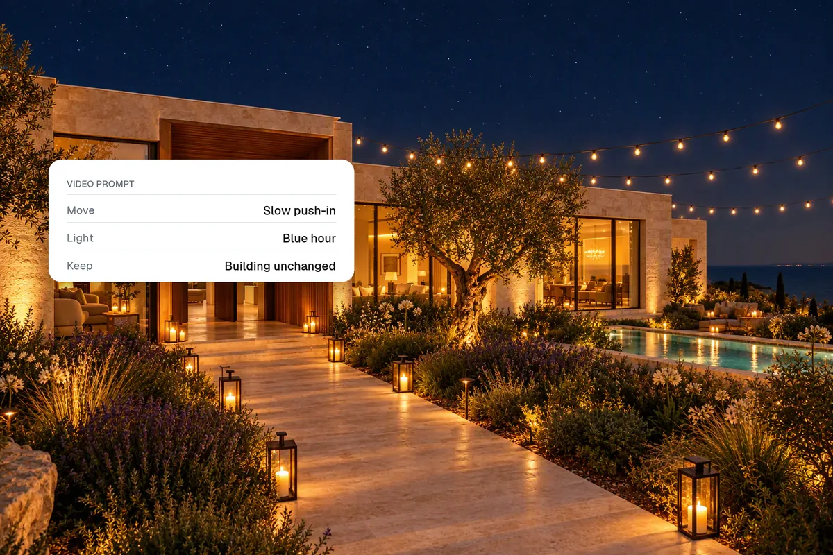 A villa at blue hour with a card showing a simple AI video prompt