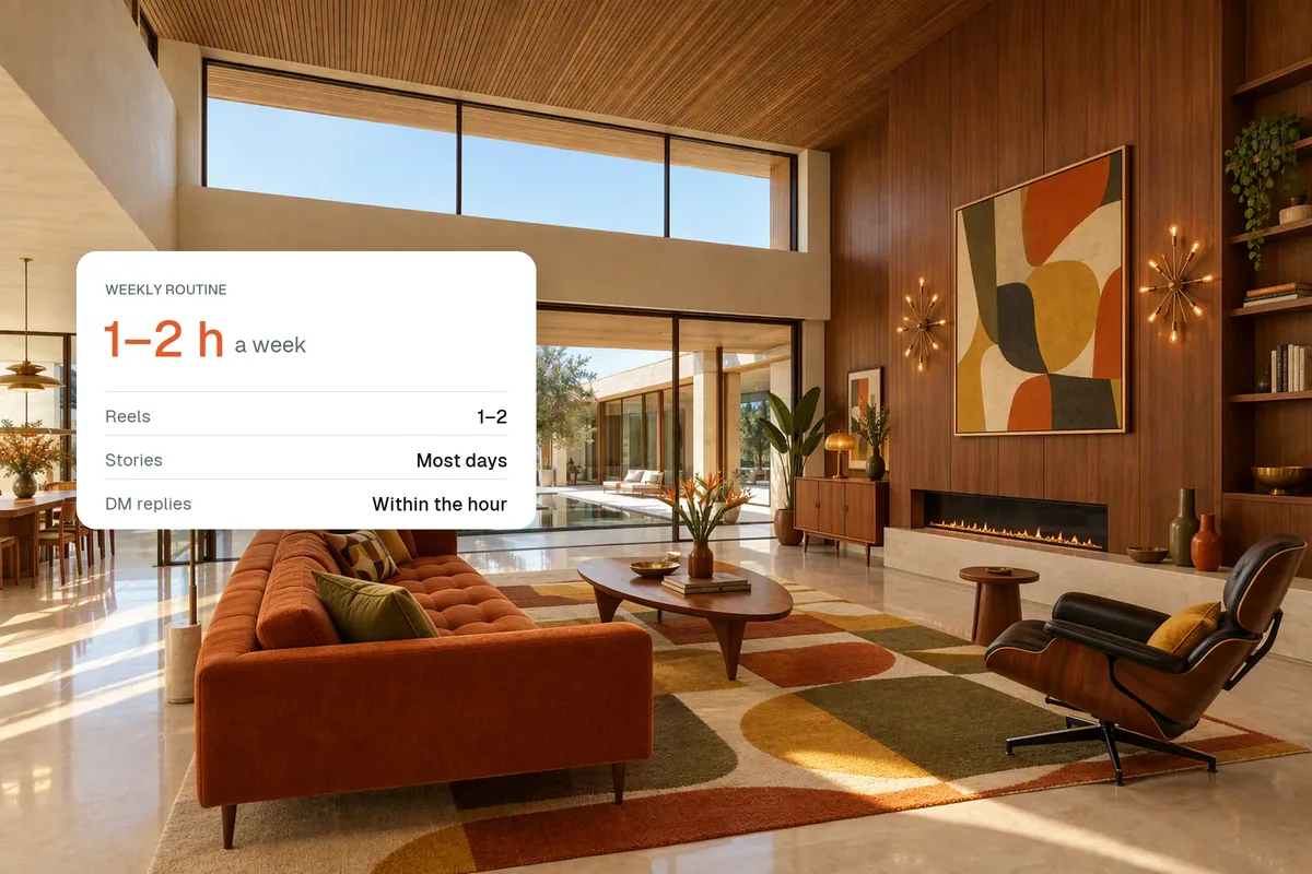 A boutique lounge with mid-century furniture and a card showing a weekly routine