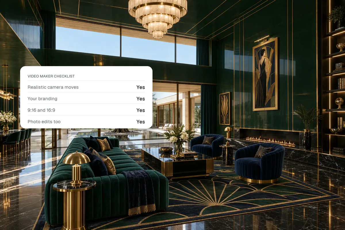 An art deco living room with a checklist card for choosing an AI video maker
