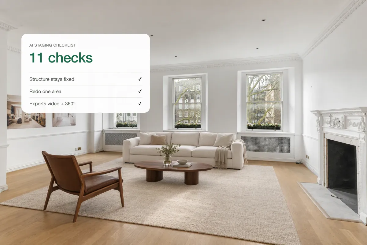 A staged living room with a checklist card for choosing AI virtual staging software