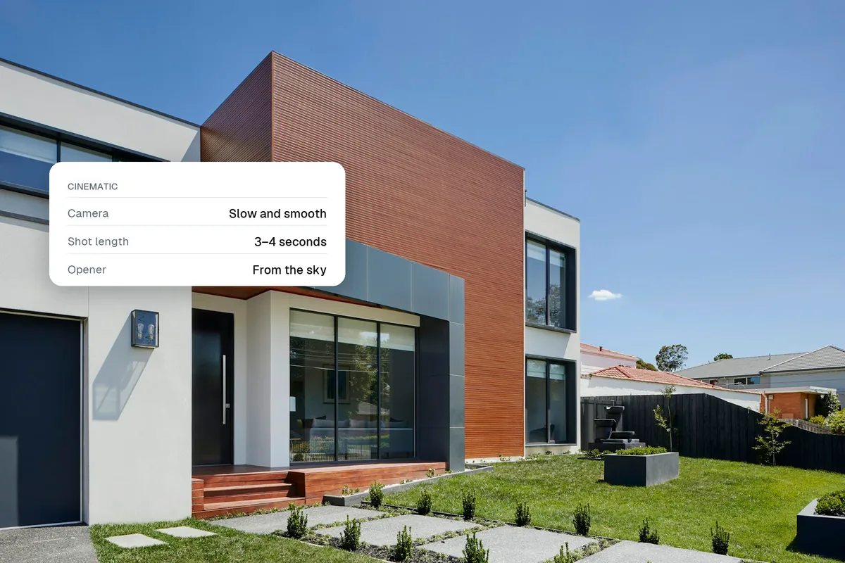 A modern house exterior under a blue sky with a card of cinematic video rules