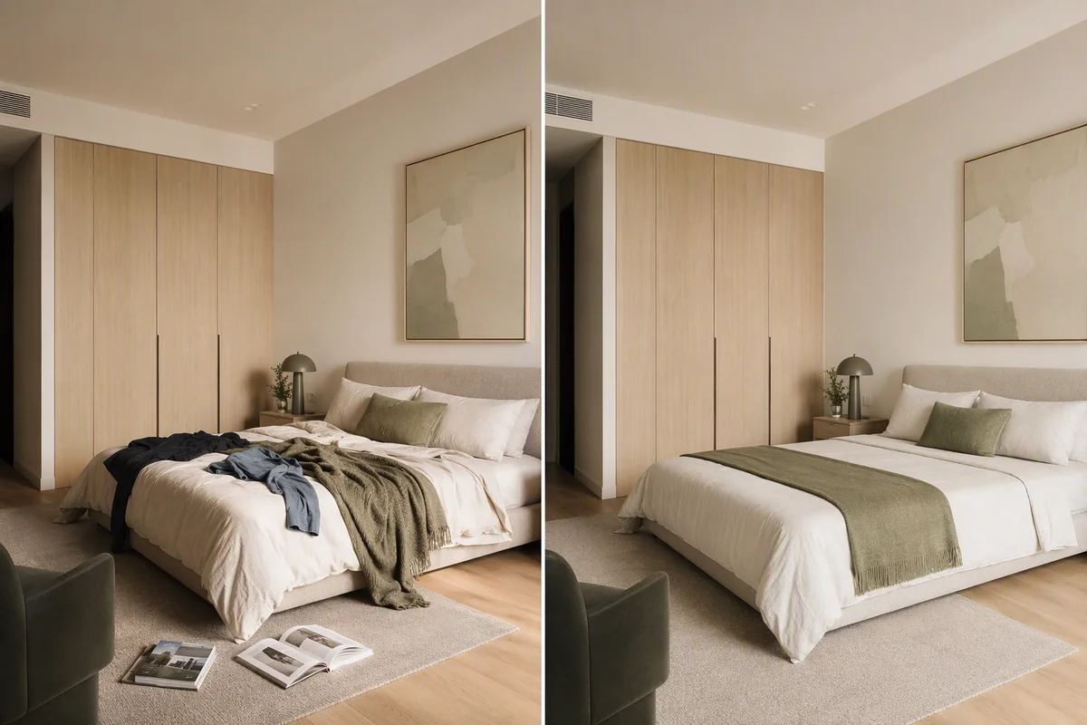 The same bedroom with loose clutter and with the bedding and floor tidied — editorial illustration