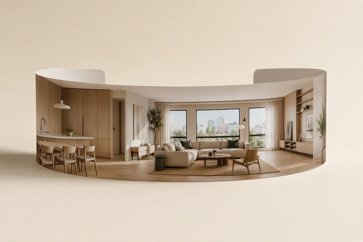 A curved panoramic image of a furnished apartment — editorial illustration