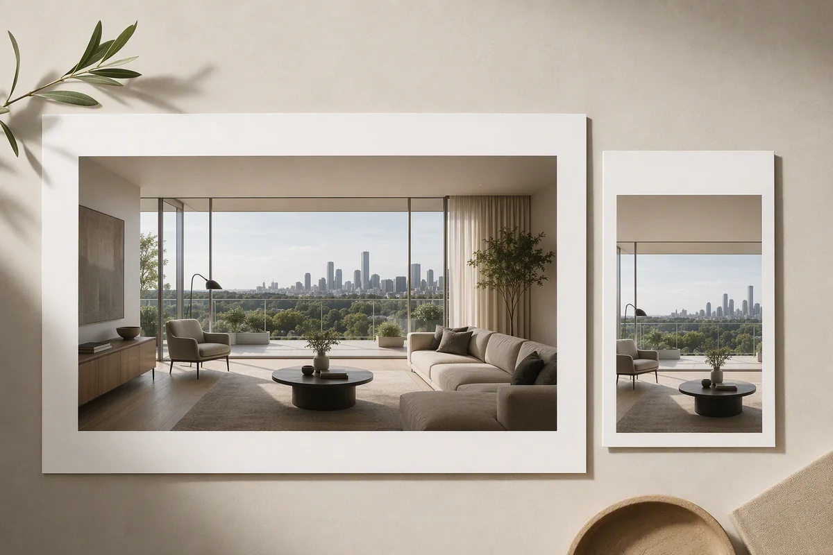 Landscape and portrait layouts containing panoramic property imagery — editorial illustration