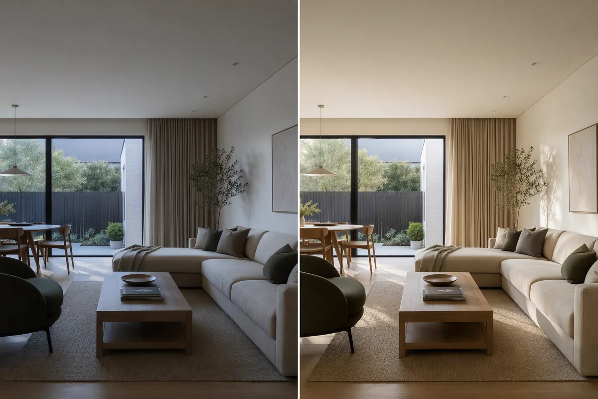 A room photograph shown with dark exposure and balanced natural lighting — editorial illustration
