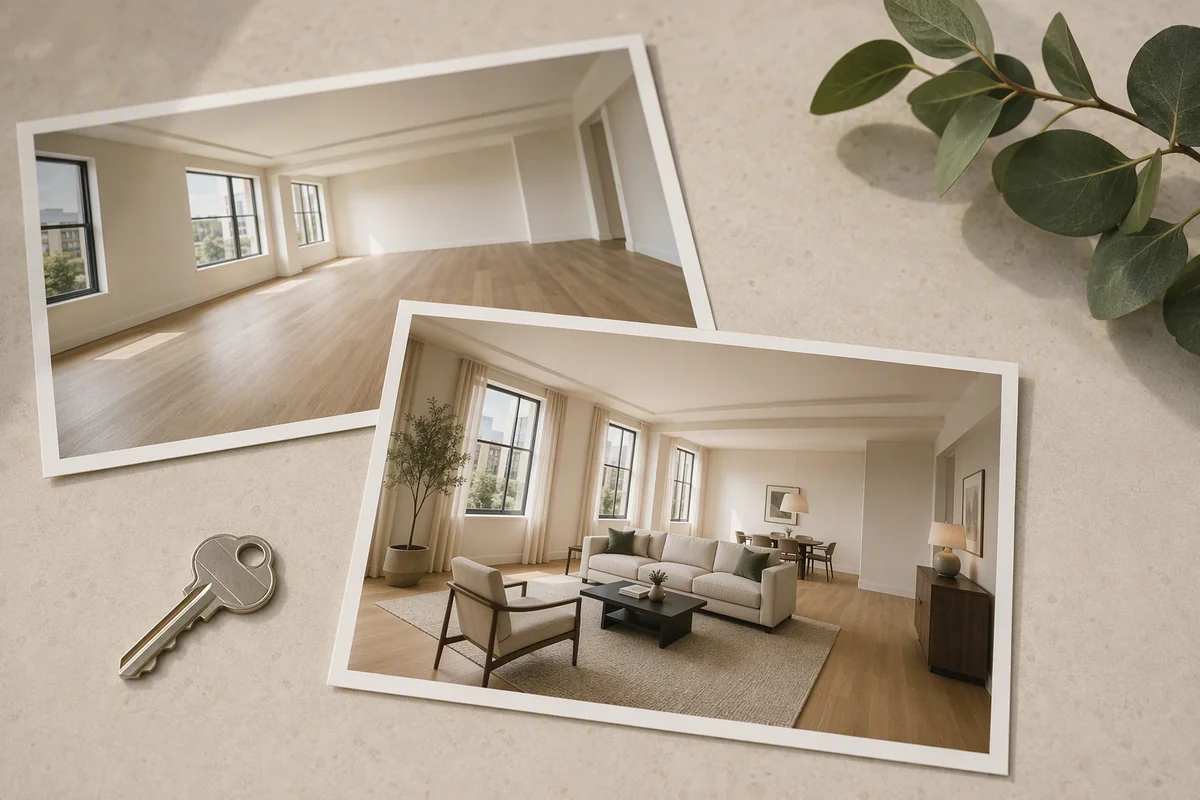 Empty and furnished room photographs beside a house key — editorial illustration