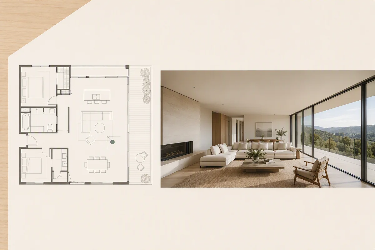 An apartment floor plan beside a panoramic living-room view — editorial illustration