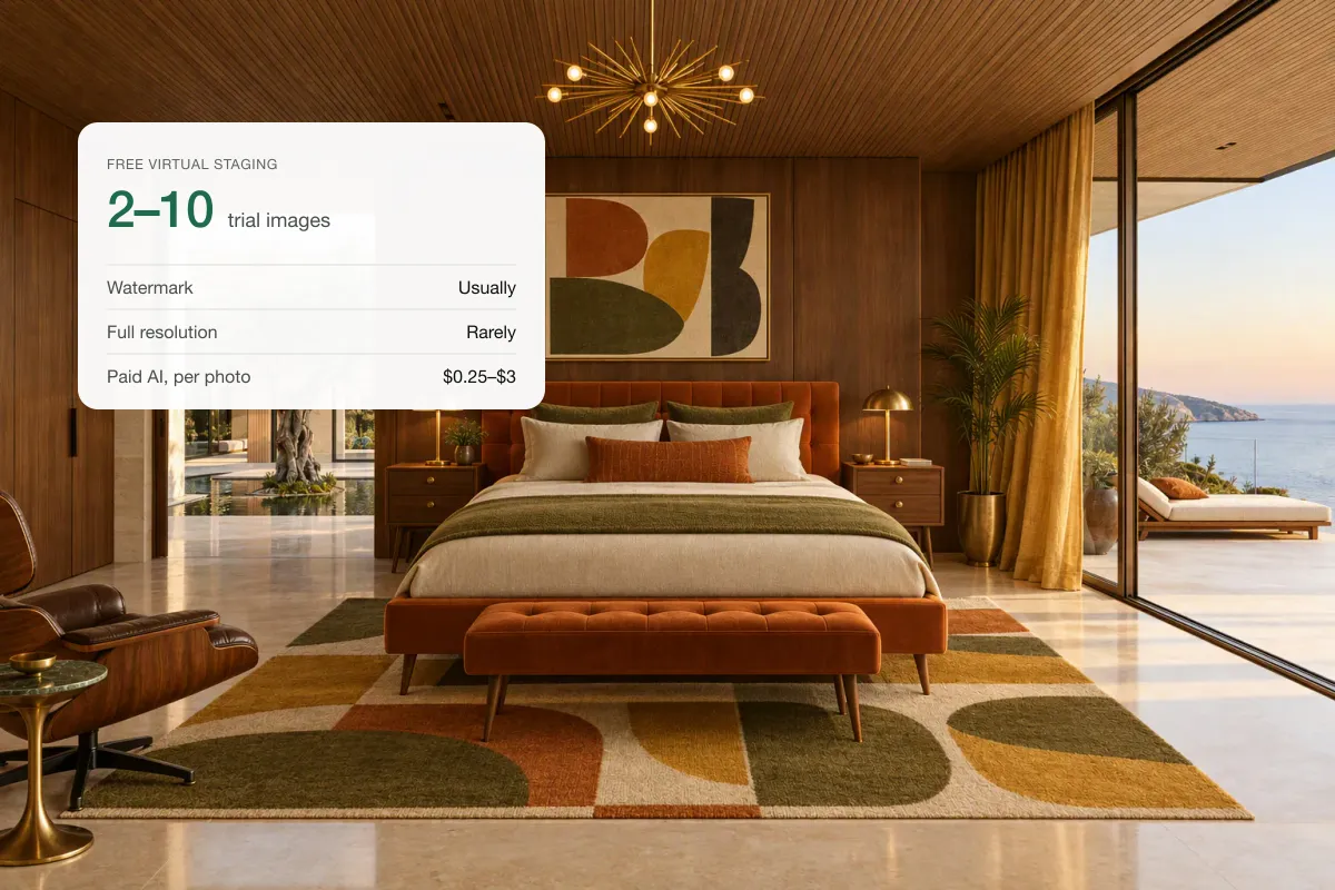 A virtually staged bedroom with a card listing what free virtual staging plans include
