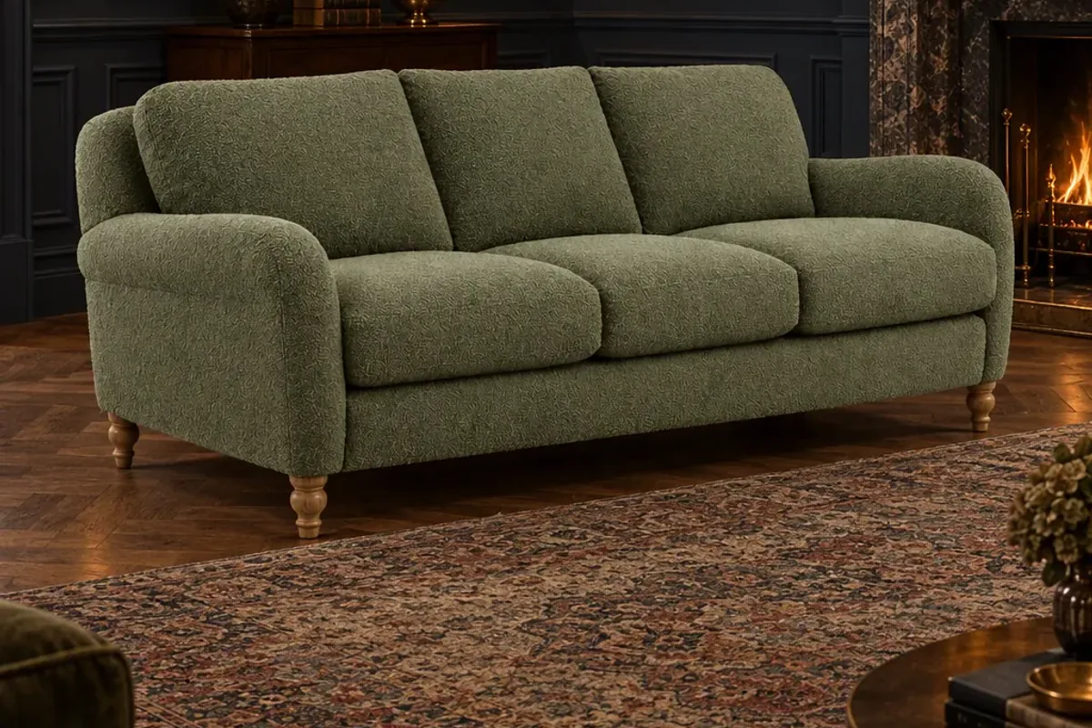 A sage sofa in a dark living room with a fireplace and a patterned rug