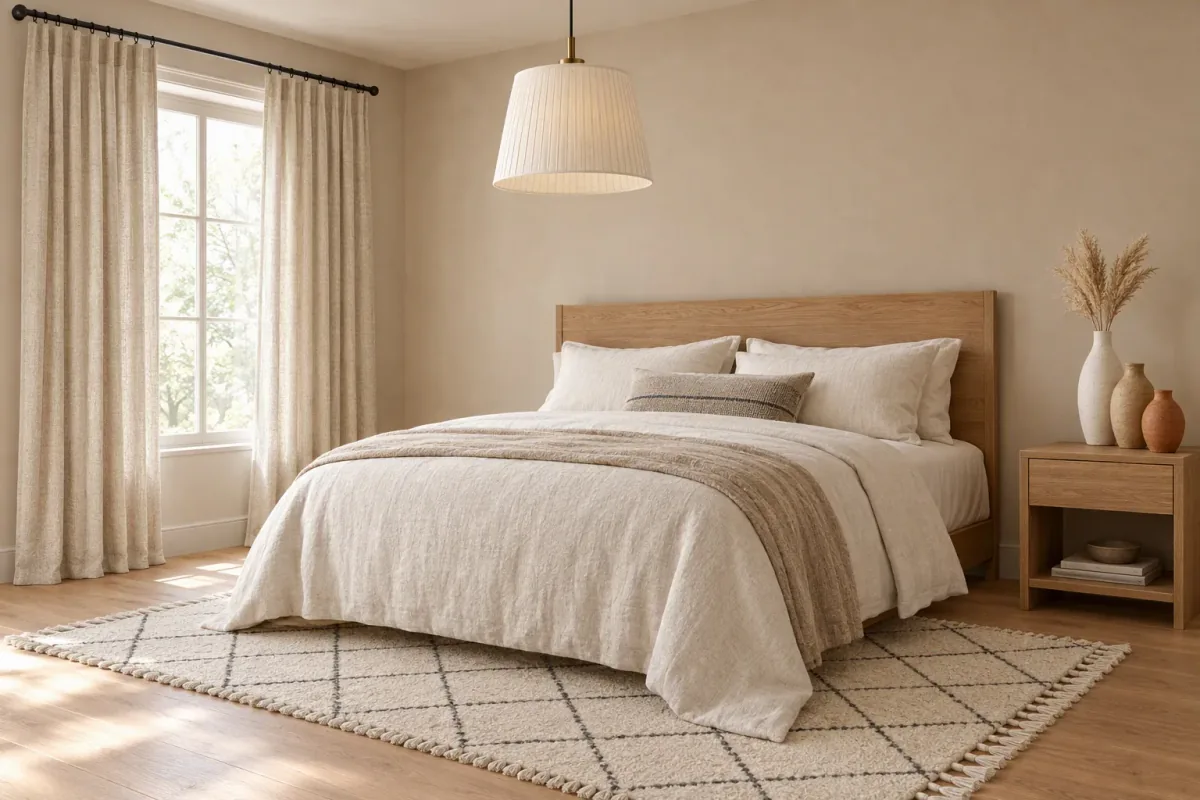 A calm bedroom with linen curtains, a pleated pendant light and a wool rug