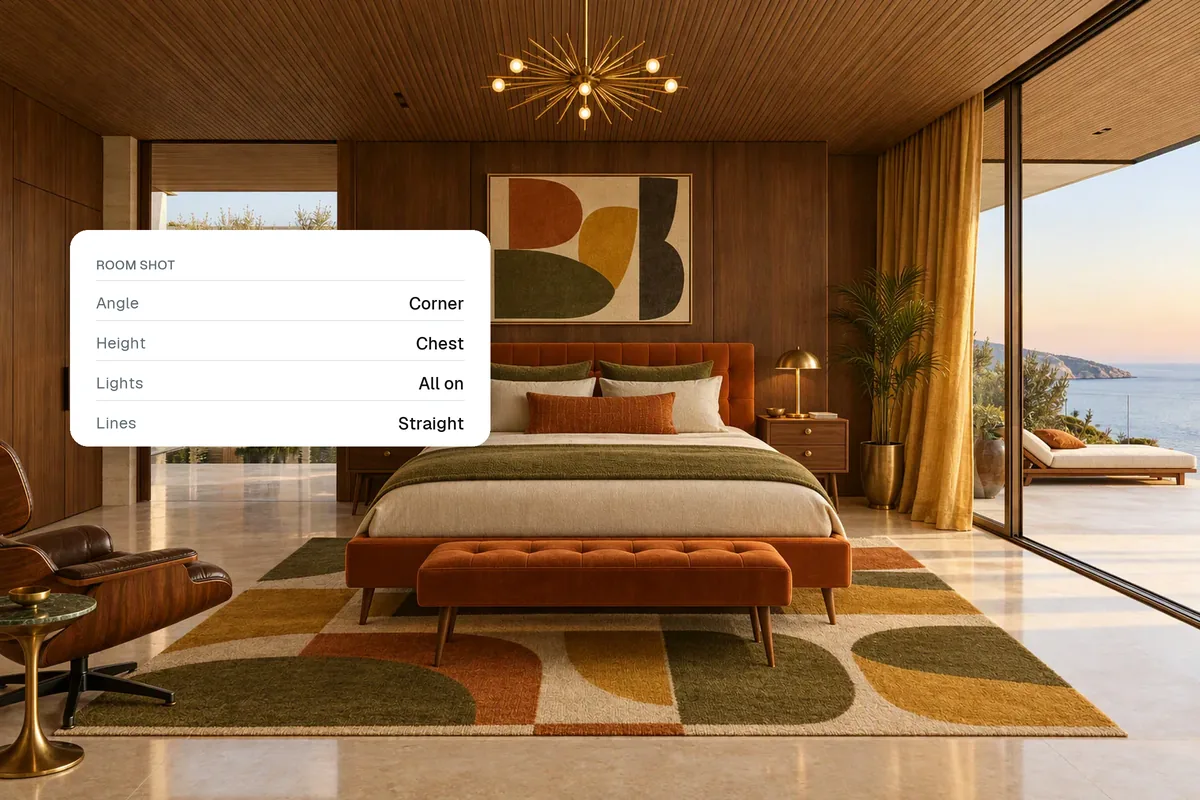 A mid-century hotel-style bedroom with a card of room photography rules