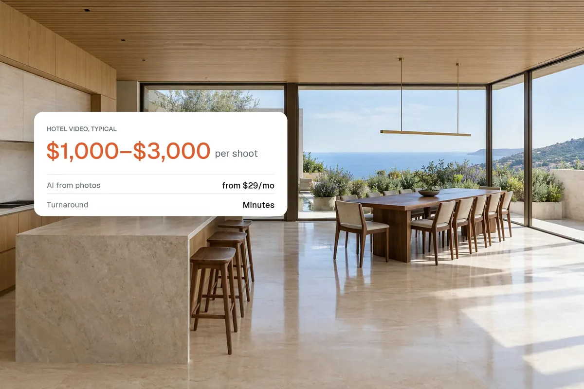A kitchen and dining space with a card comparing videographer prices and AI video