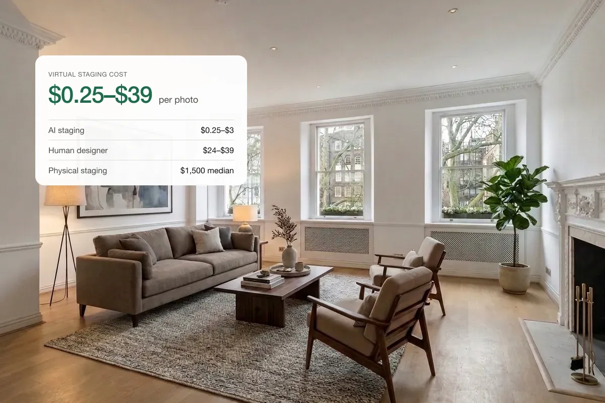 A virtually staged living room with a price card comparing AI, human and physical staging costs