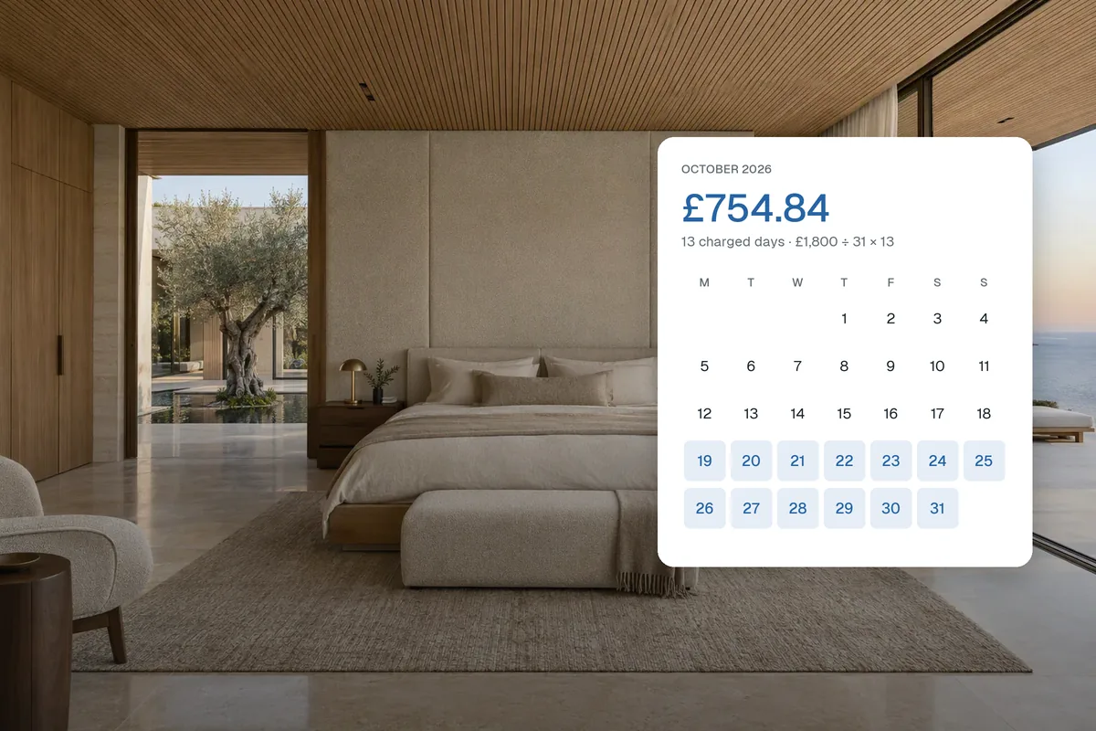 A bedroom in a rental flat with a calendar card showing 13 days highlighted at the end of the month