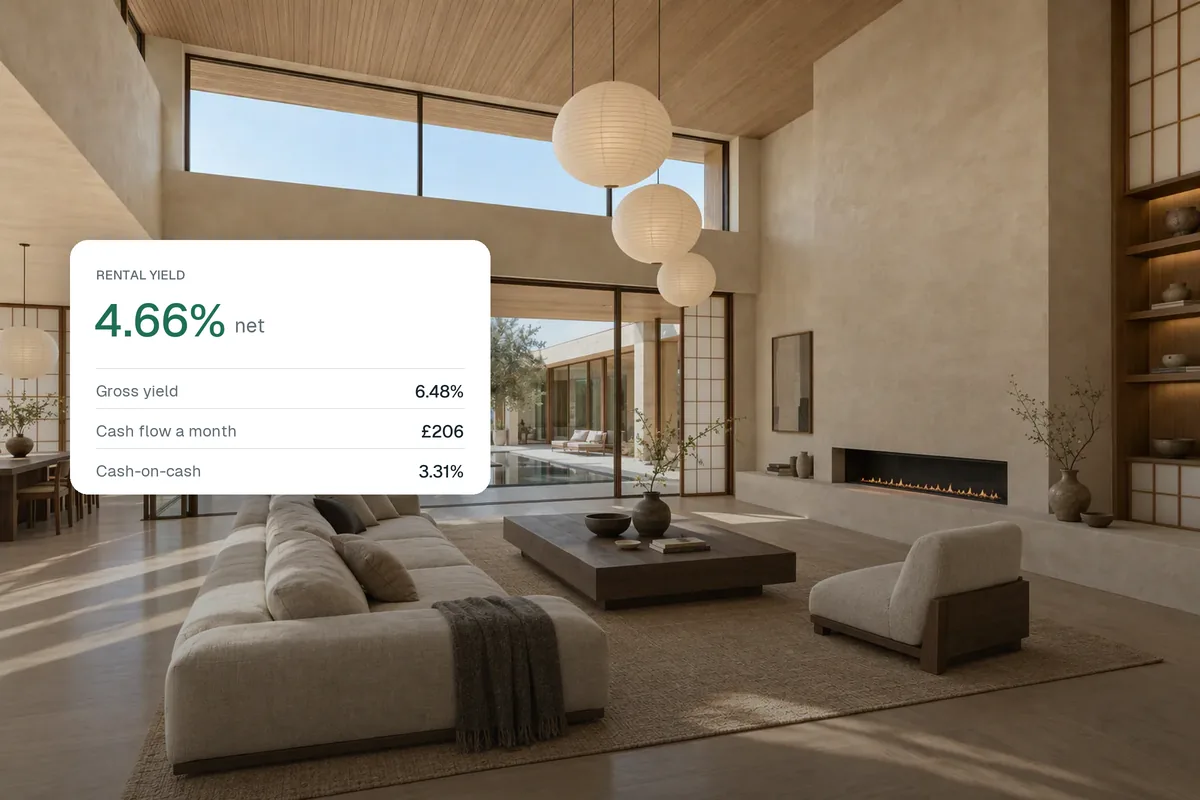 A furnished rental flat with a summary card showing gross yield 6.48% and net yield 4.66%