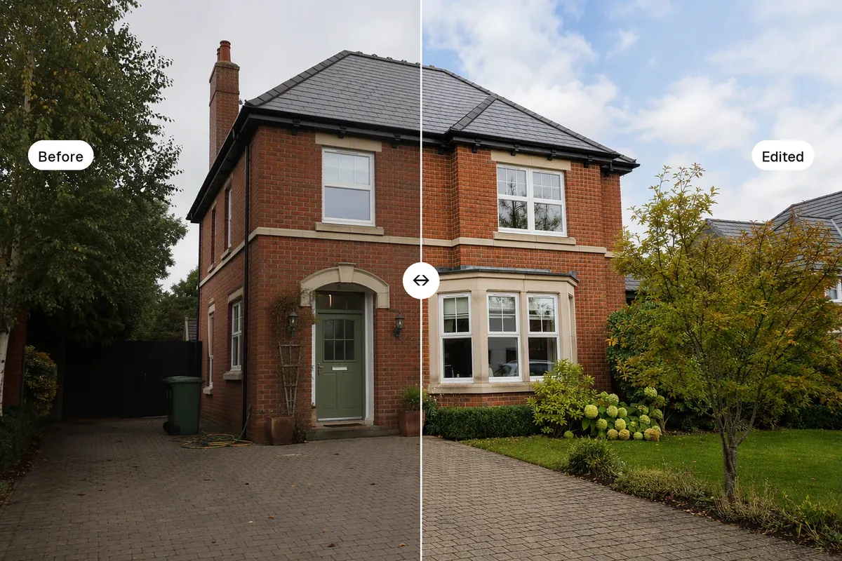 A brick house split down the middle, grey sky on the left and blue sky on the right