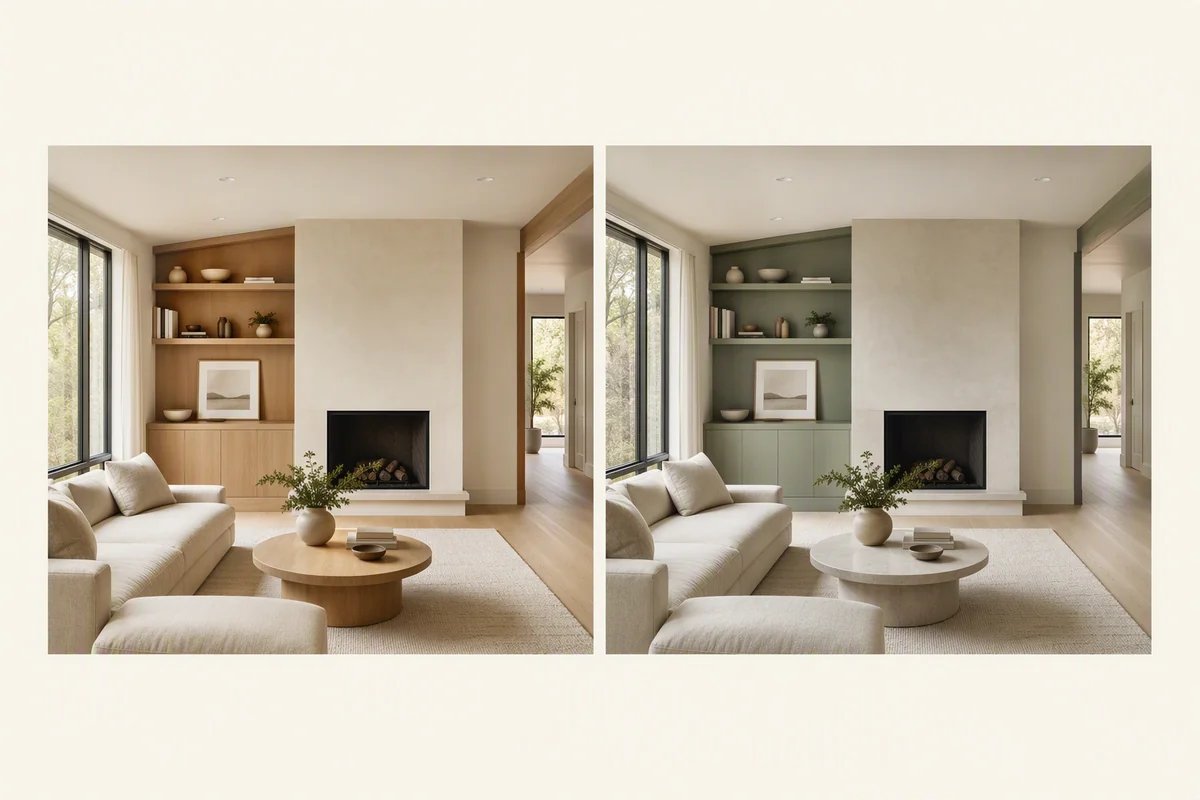 Two interior concepts using warm neutral and muted green palettes — editorial illustration