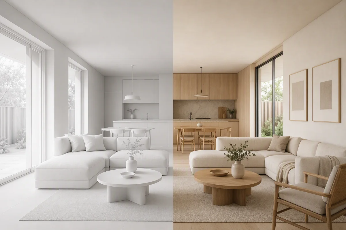An interior view transitioning from a white clay model to realistic materials — editorial illustration