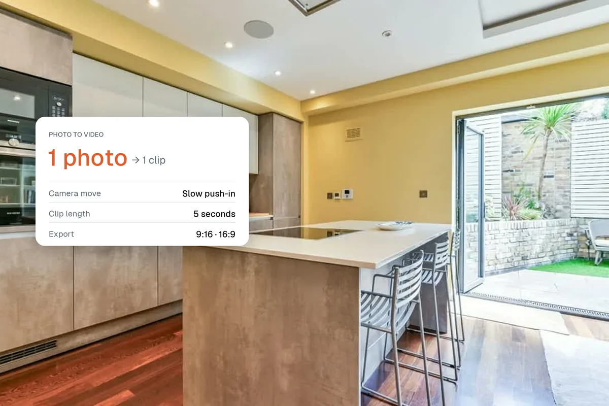 A modern kitchen photo with a card showing one photo becomes a five-second video clip