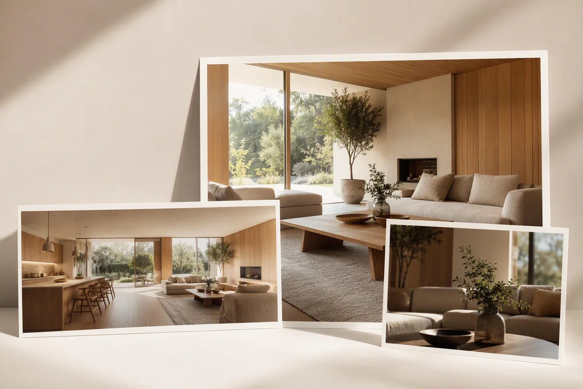 Editorial interior illustration for Splatr: a professional AI platform for complete property visualisation