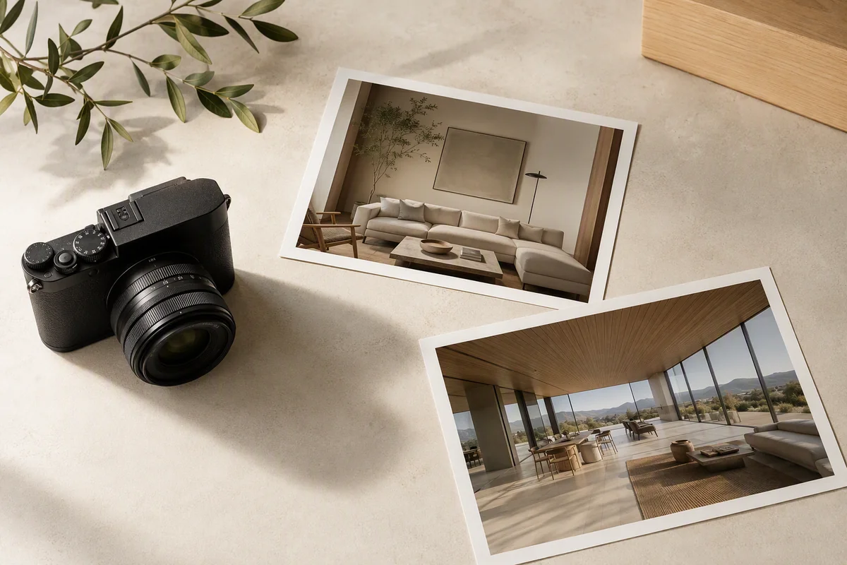 A camera beside interior and panoramic property photographs — editorial illustration