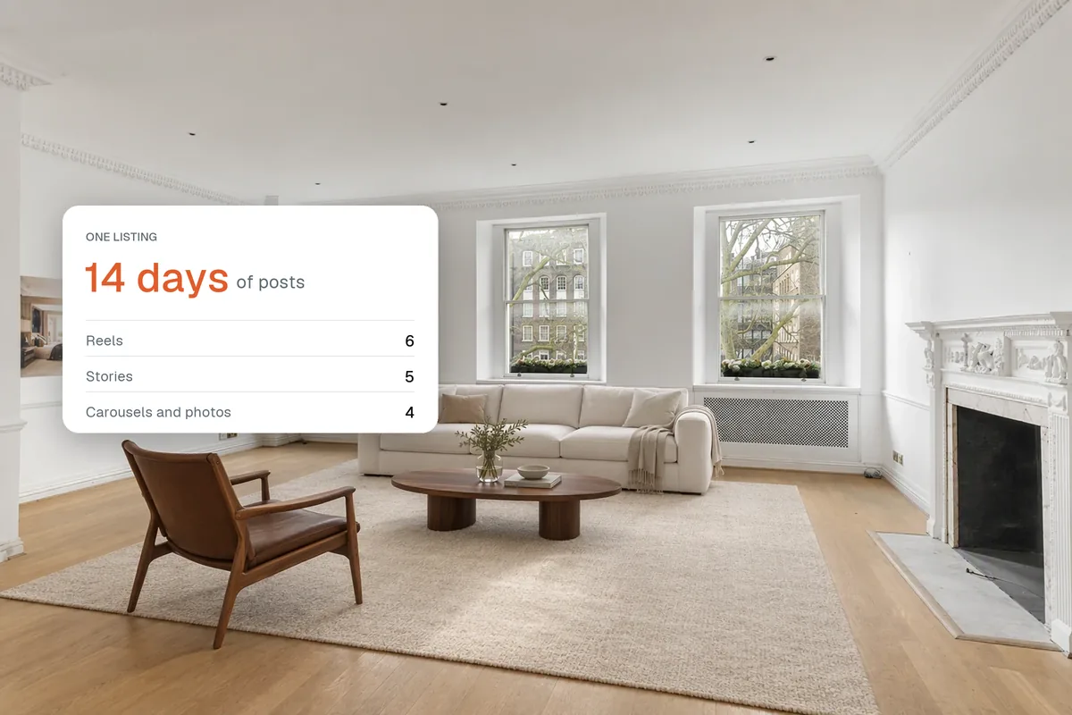 A virtually staged living room with a card showing 14 days of posts from one listing