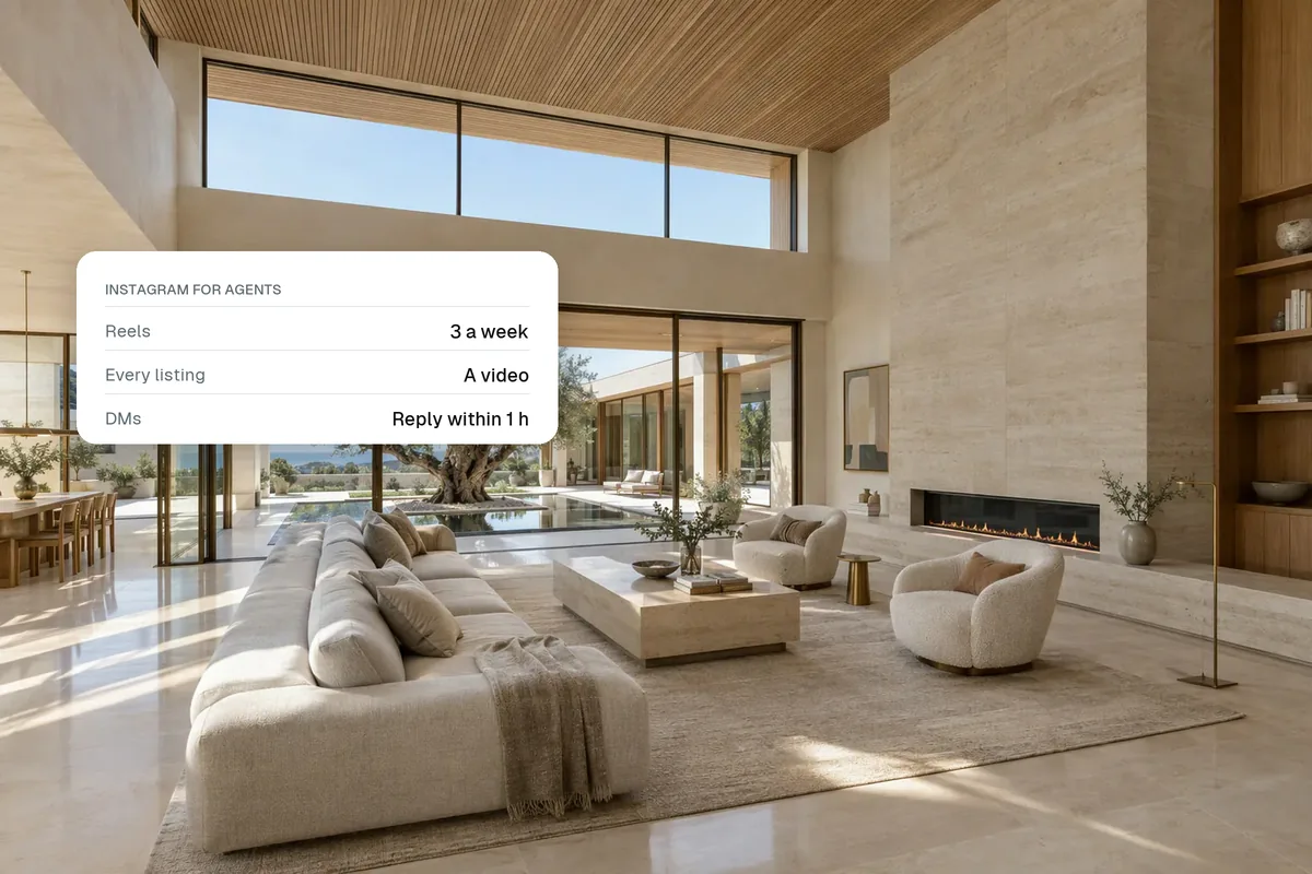 A bright living room with a card showing an Instagram routine for agents