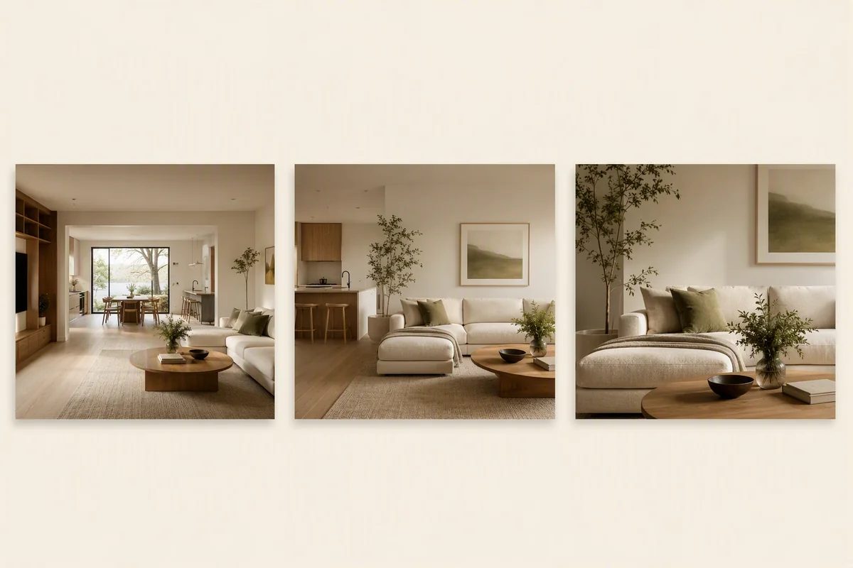 Three sequential interior views illustrating a property film — editorial illustration