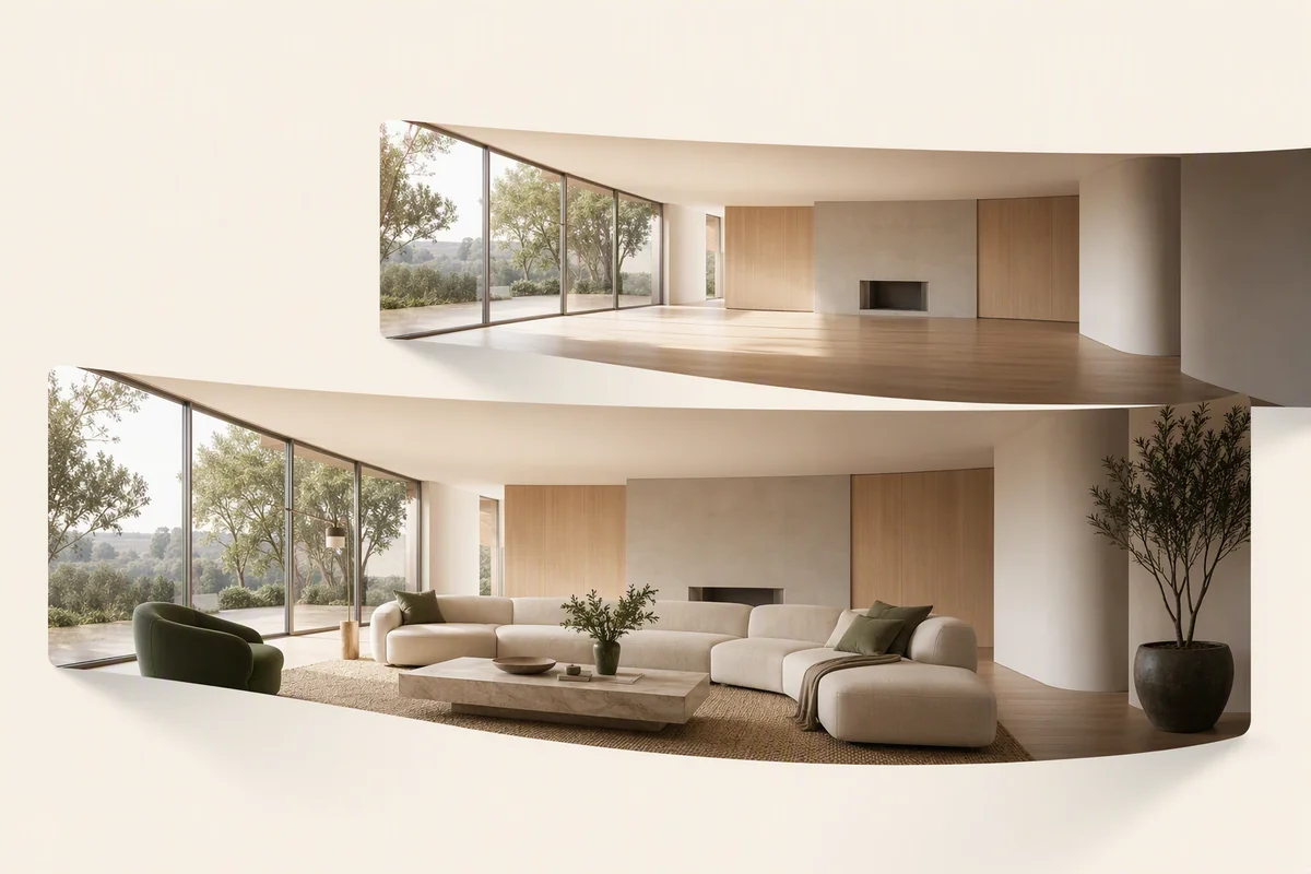 Empty and furnished panoramic views of the same interior — editorial illustration
