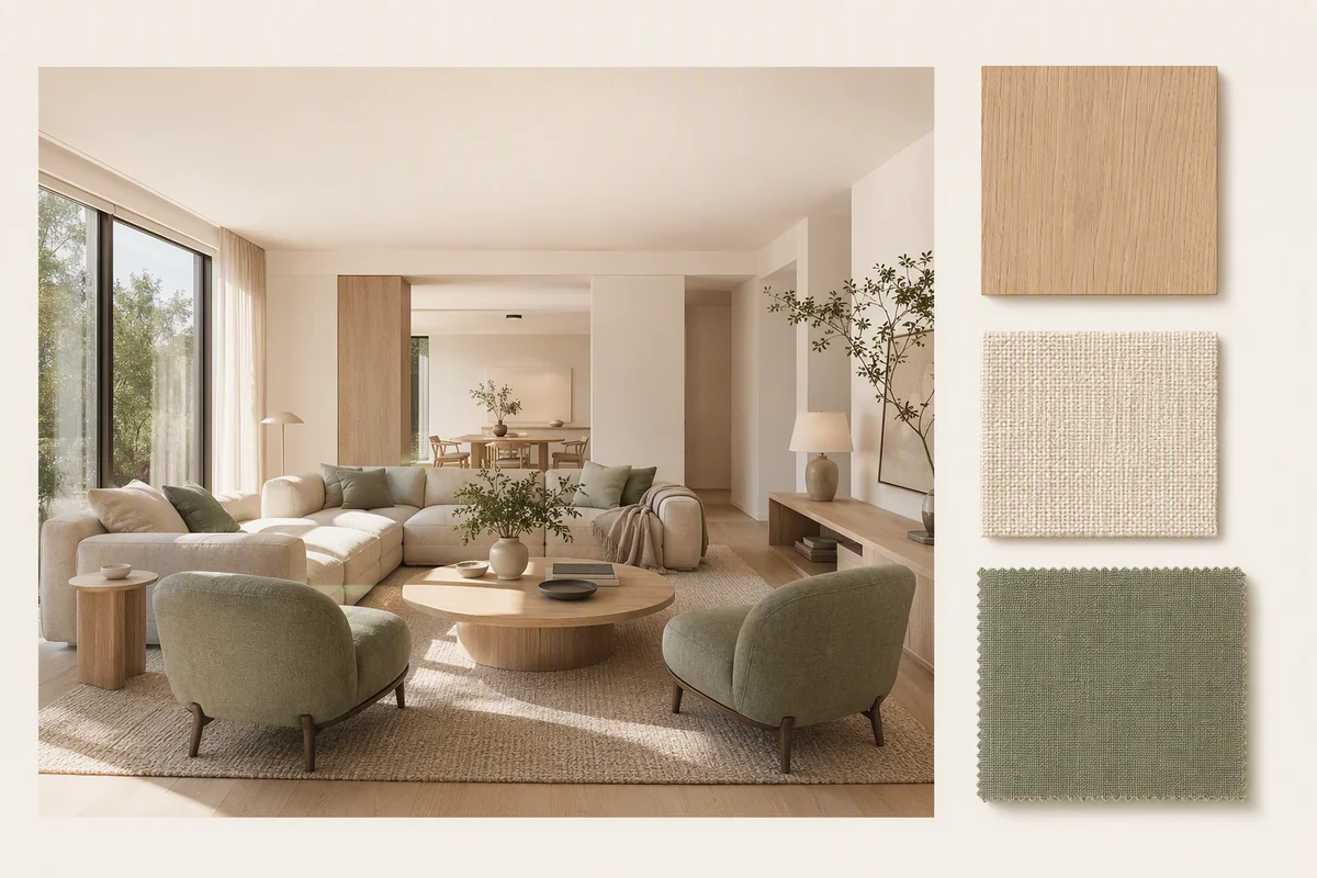An interior concept accompanied by wood and fabric reference swatches — editorial illustration