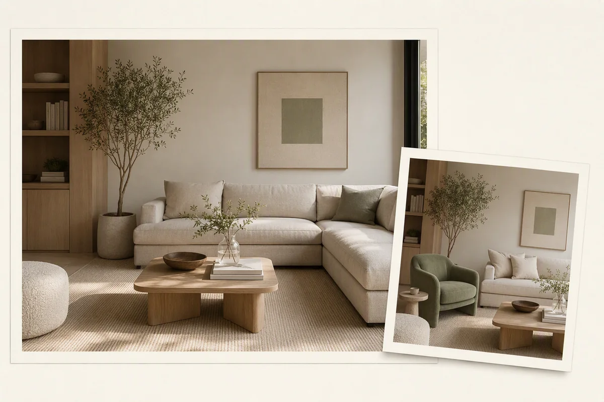 A living-room photograph with a smaller detail image over the seating area — editorial illustration