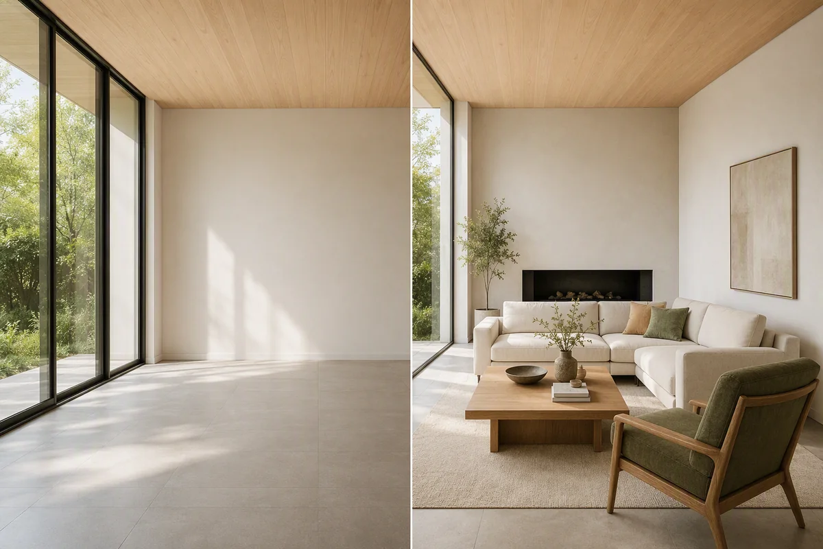A room divided between its empty appearance and a furnished concept — editorial illustration