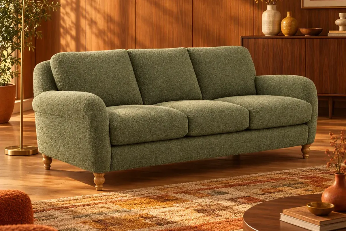 A sage sofa on a patterned wool rug in a warm, wood-panelled room