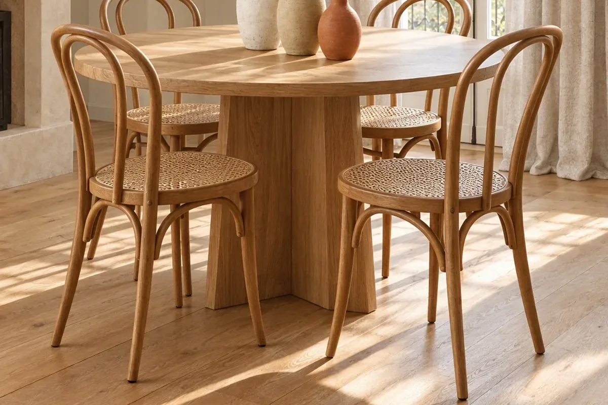 A round oak dining table with bentwood chairs and ceramic vases