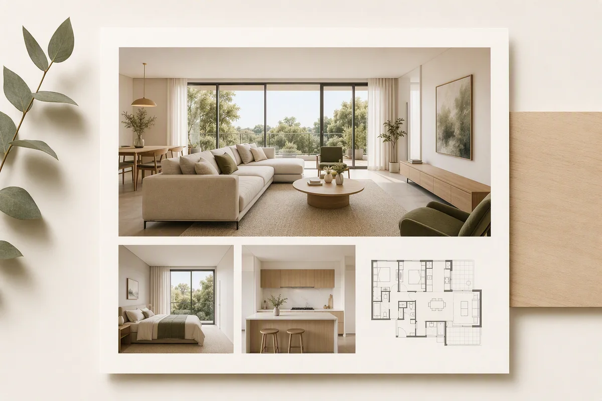 A property presentation combining photographs and a floor plan — editorial illustration