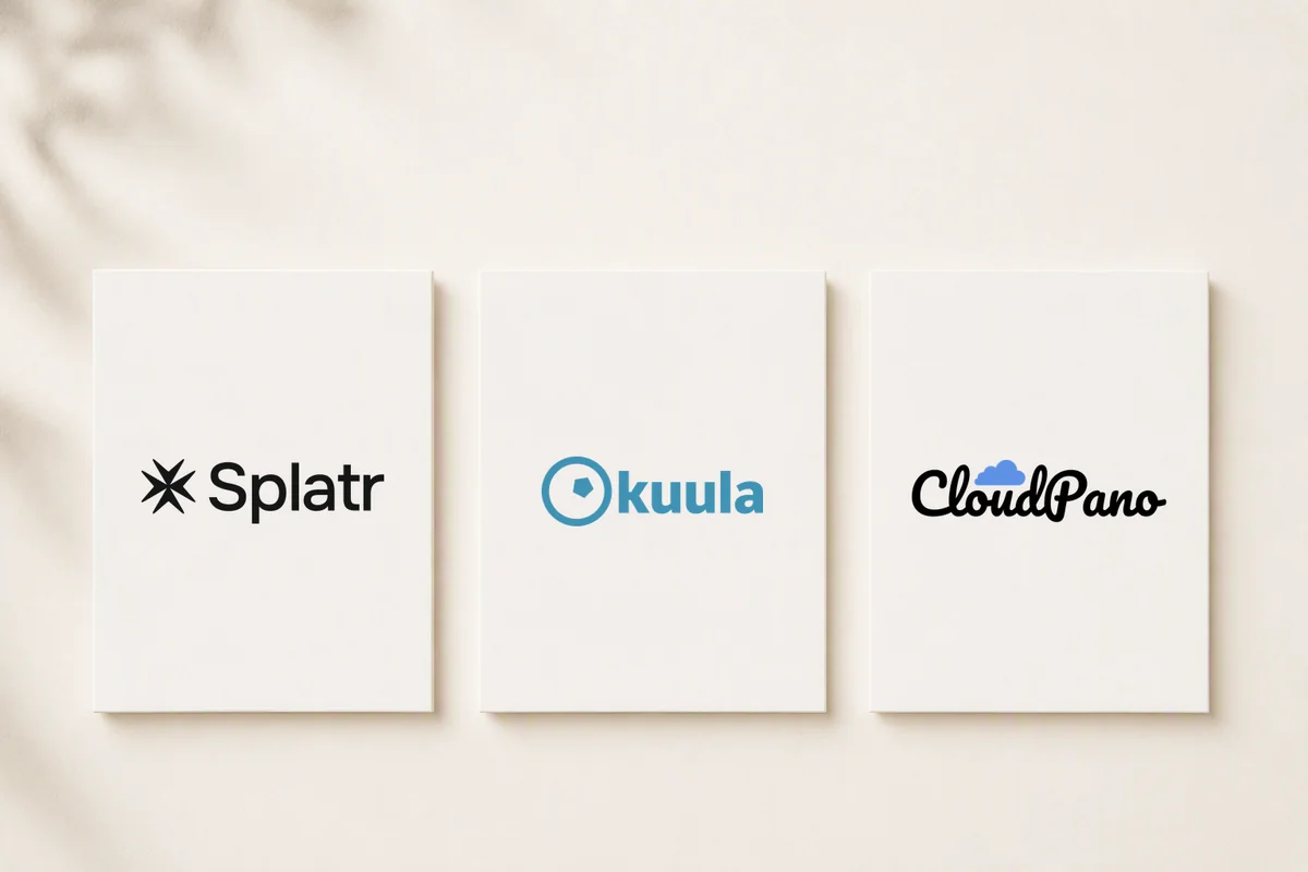 Splatr, Kuula and CloudPano logos on a minimal comparison cover