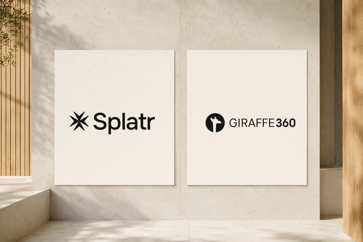 Splatr and Giraffe360 logos above an interior video concept