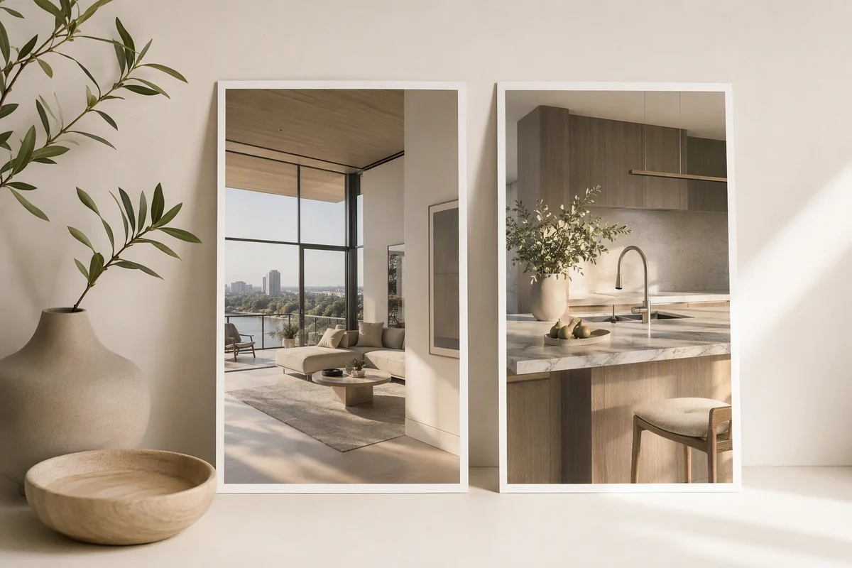 Two portrait-format architectural photographs — editorial illustration