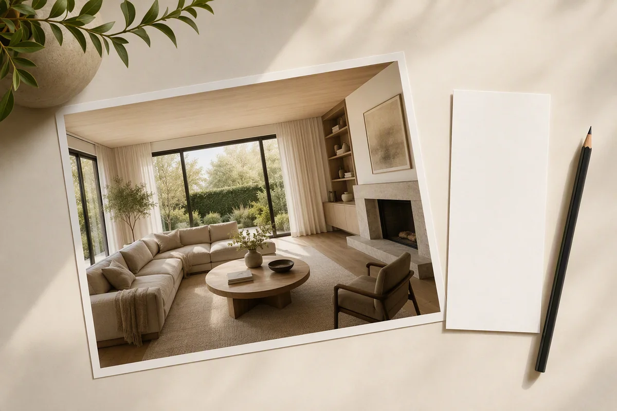 A furnished living-room photograph beside a blank note card and pencil — editorial illustration
