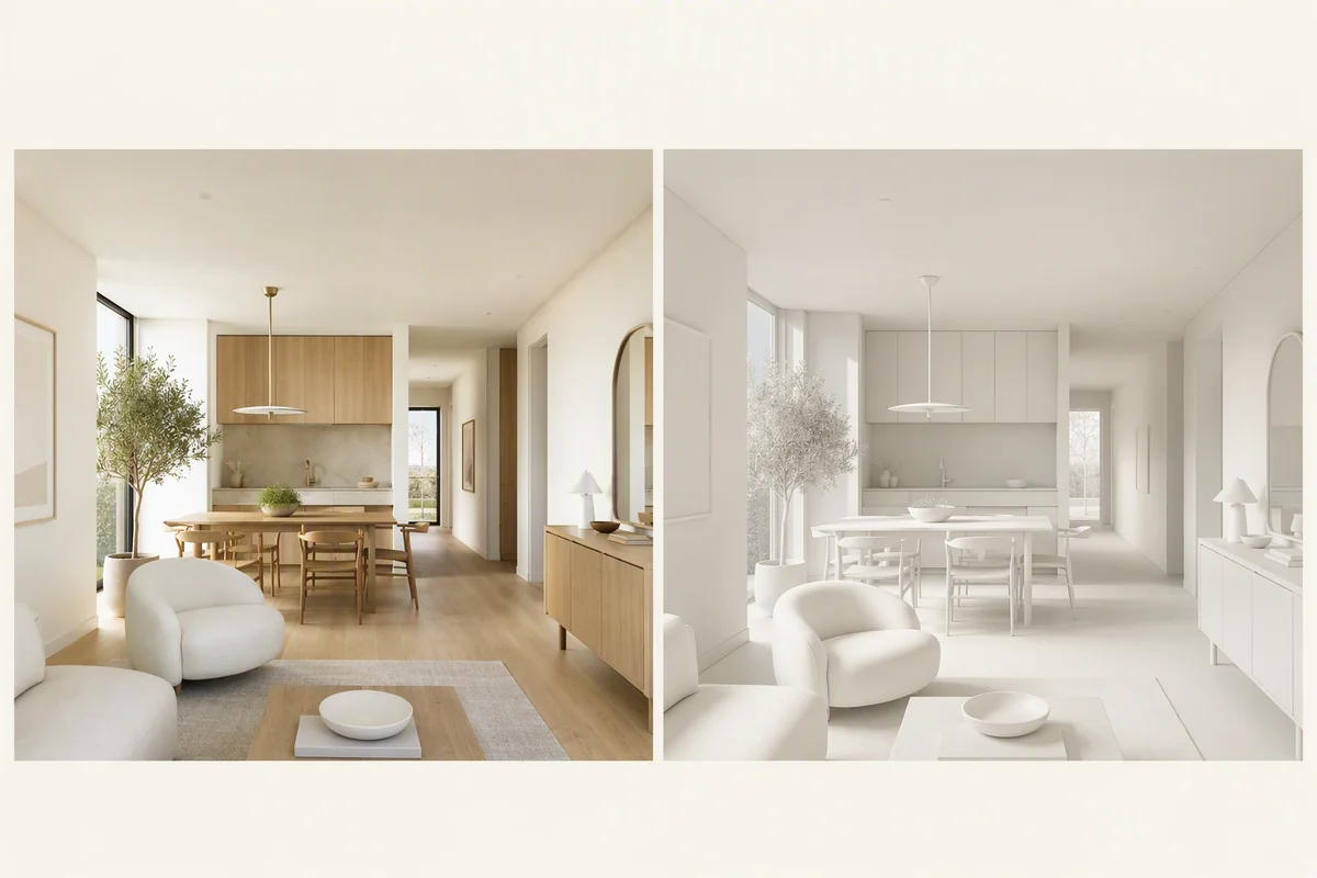 A furnished interior image beside a white architectural model view — editorial illustration