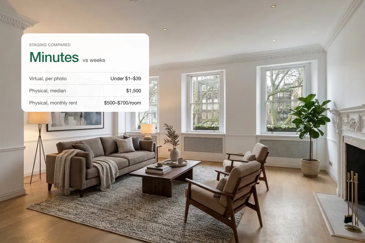 An empty room beside the same room virtually staged, with a comparison card for cost and turnaround