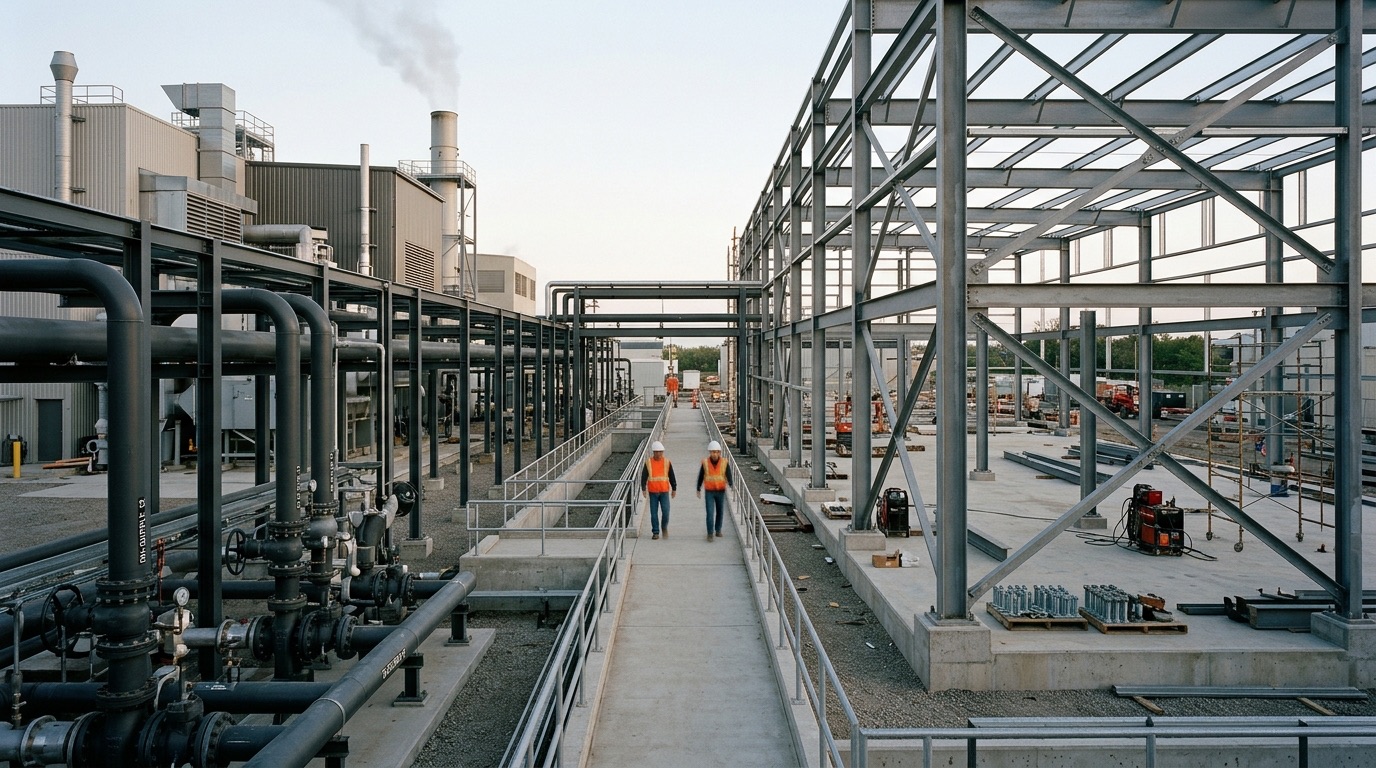 Engineers walking between industrial pipework and a steel structure under construction