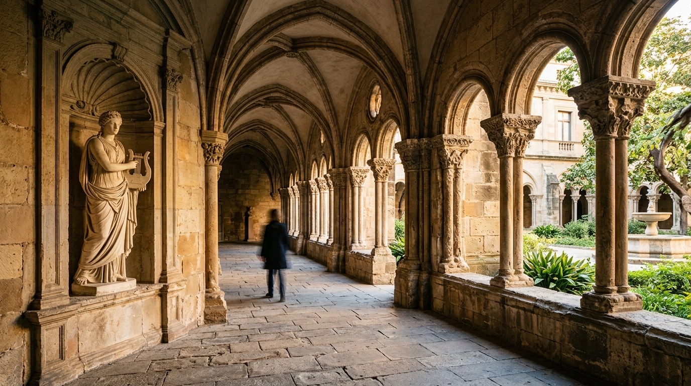 Historic stone cloister with carved arches, a classical sculpture and a visitor